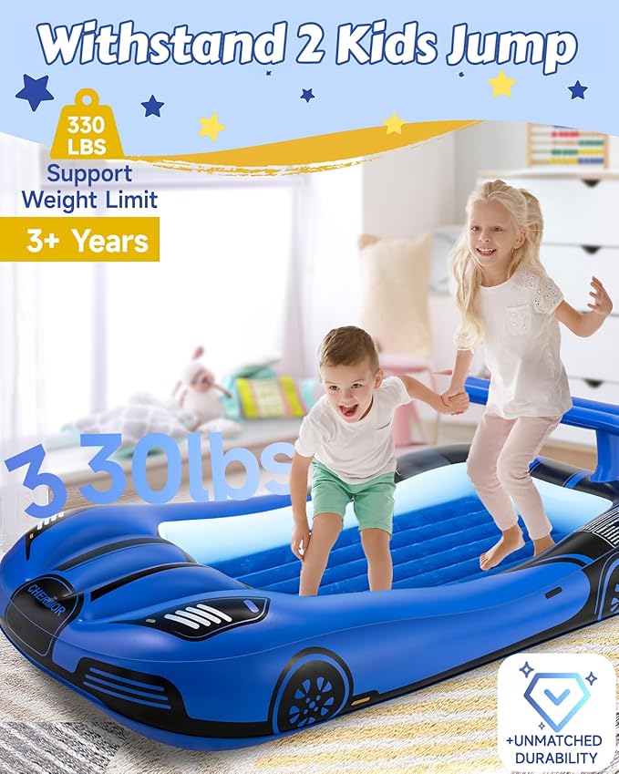 Inflatable Toddler Travel Bed with Safety Bumpers & 2 Mins Auto Inflation Pump, Portable Toddler Kids Air Mattress with Carry Bag for Home Grandma's Sleepovers Travel Camping, 330lbs Support