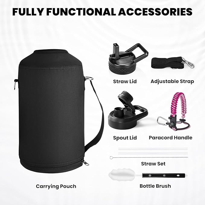 One Gallon Water Bottle Insulated, Triple Walled Vacuum Stainless Steel (Cold for 48 Hrs), Leak Proof & Non-BPA, Large Water Flask Jug with Paracord Handle & Straw Spout Lids
