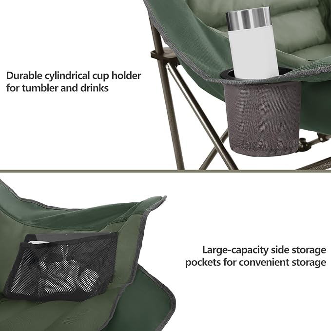 Colegence Oversized XL Padded Camping Chair Wide Heavy Duty Lawn Chairs Support 450 LBS Portable Folding Gaint Plus Camp Chair with Side Pocket Cup Holder for Outdoor Outside Sports Baseball-Green