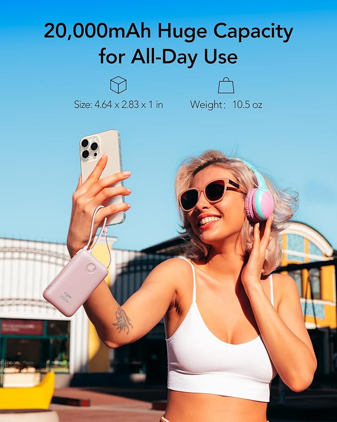 Power Bank 20000mAh 30W Fast Charging Portable Charger with Built-in Cables & LED Display, USB C Battery Pack for iPhone 16/15/14, Samsung, iPad and Android Phones, Ideal for Travel -Light Pink