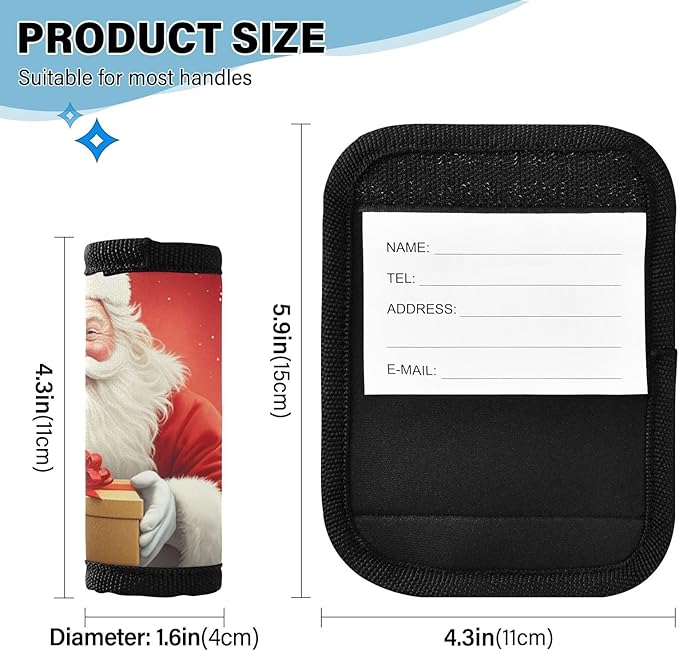 Christmas Santa Claus 2 Pack Neoprene Suitcase Wraps, Luggage Handle Wraps with ID Tag, Non-Slip Suitcase Handle Covers for Travel, Bag Strap Pad