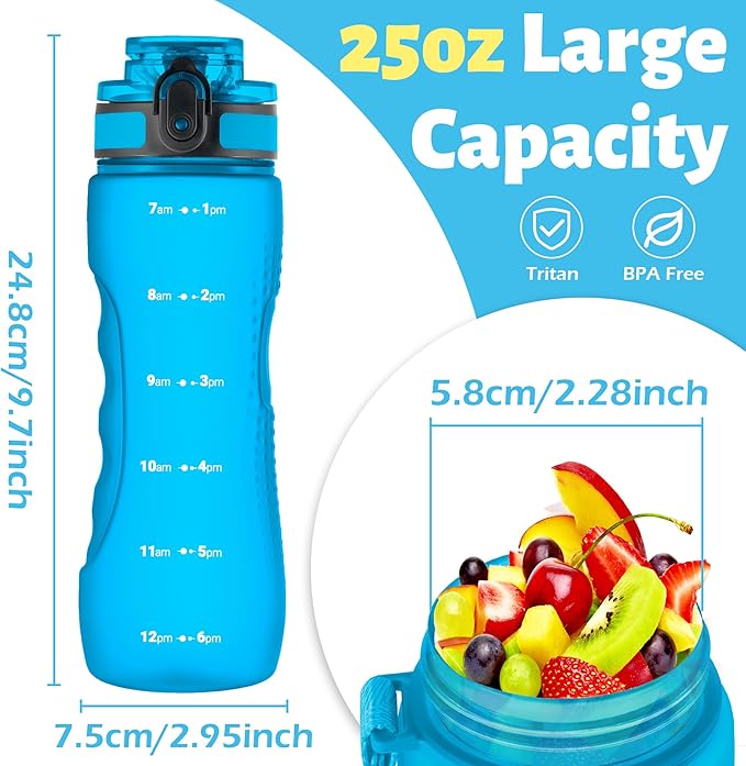 OLDLEY 25 oz Water Bottle, Motivational Water Bottle with Time Marker, Sports Water Bottle With Strap, Leakproof & BPA Free Large Water Bottles for School, Gym, Travel, Outdoor, Tritan,Blue