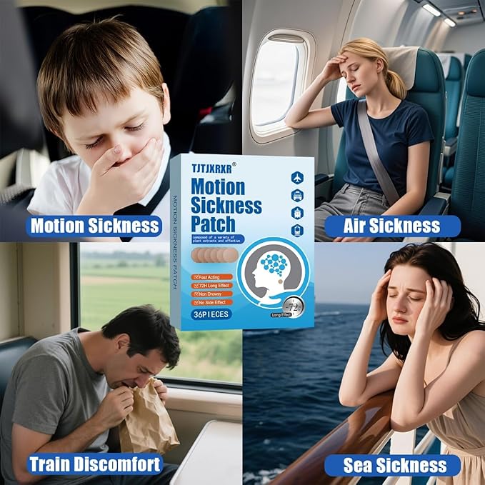 Motion Sickness Patches, 36 Count - Fast Acting & 72 Hours Long Lasting Sea Sickness Relief for Cruise, Airplanes, Cars, Bus, Train - Non-Drowsy Travel Sickness Patch for Dizziness Relief