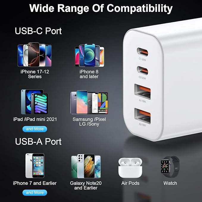 USB C Charger Block, 1-Pack 40W Wall Plug Fast Charging Block, 4-Port PD + QC Power Adapter Type C Charging Blocks Cube, Compatible with iPhone 17/16/15/14/13/12/11/Pro Max, Tablets, Cellphones