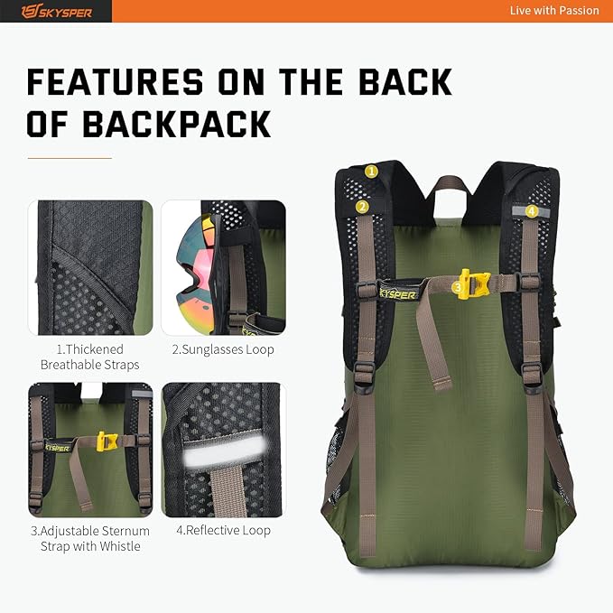 SKYSPER Packable Hiking Backpack 30L Lightweight Daypack Travel Backpacks for Women Men（Green）