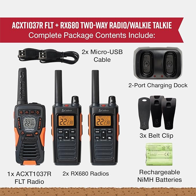 Bundle of Cobra RX680 Walkie Talkies (2-Pack) + Cobra ACXT1037R FLT Floating Walkie Talkie (1 Pack)