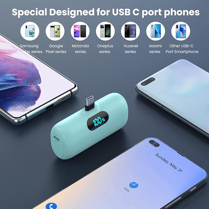 Mini Portable Charger 5000mAh Power Bank,15W PD USB C Cell Phone Portable Power, LCD Display Battery Pack Compatible With iPhone 15/15 Plus/15 Pro/15 Pro Max/Android/Samsung/Moto/LG (Type-C Only)