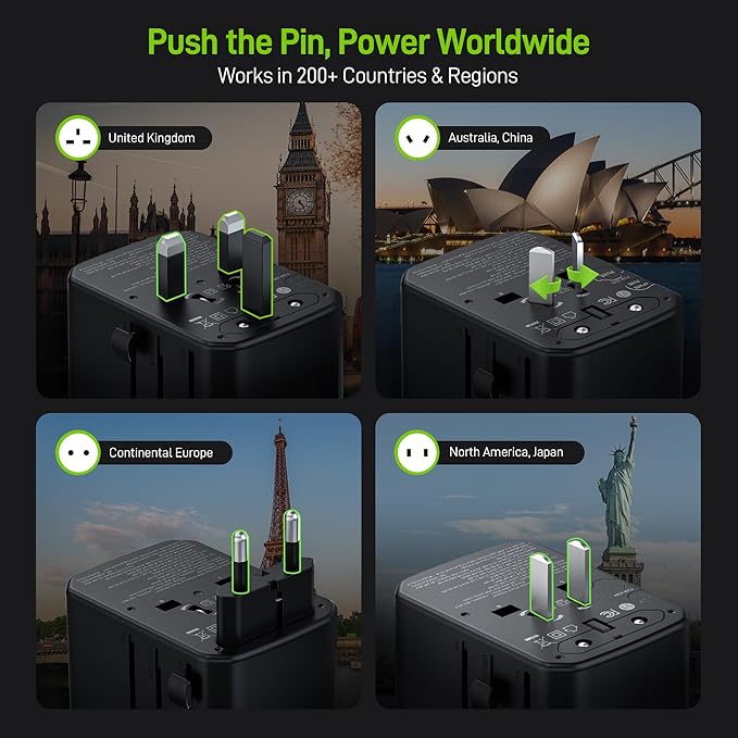 Epicka Pulse Duo 65W Universal Travel Adapter, International Power Adapter with PD & QC 3.0 Fast Charging for 2 Devices Simultaneously, European Travel Plug Adapter, Travel Essentials (Black)