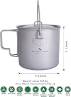 iBasingo 1100ml Titanium Mug Camping Cup Tea Coffee Water Pot with Lid Ultralight Outdoor Travel Tableware with Foldable Handle Picnic Backpacking Trekking Portable Drinkware Survival Gear Ti3041D