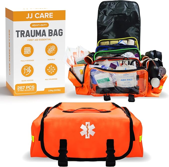 JJ CARE Trauma Bag (287 pcs), Fully Stocked EMT Medical Bag for Professionals, First Aid Emergency Medical Kit, First Responder Kit Essentials with Organizer Pouch
