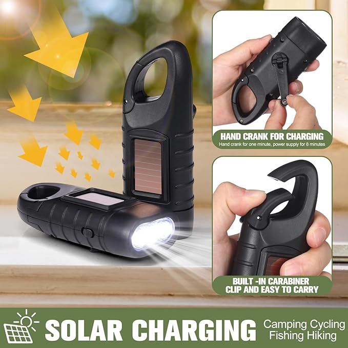 Mudder 6 Pcs Hand Crank Solar Powered Flashlights Emergency Rechargeable LED Handheld Flashlights for Survival Gear Outdoor Sports Camping Hiking Backpack Safety(Green,Black)