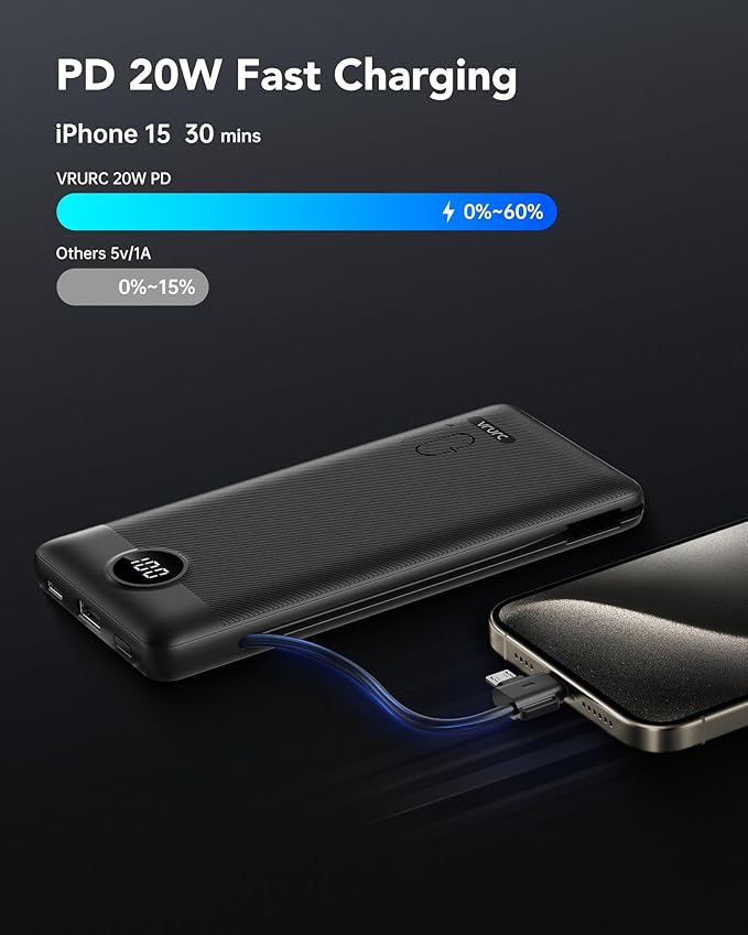 VRURC Portable Charger with Wall Plug, 10000mAh Slim Portable Charger Built in Cables,PD 20W Fast Charging Power Bank with Cords,USB C Portable Phone Charger Travel Accessories -Black(1 Pack)