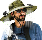 Outdoor Wide Brim Sun Hat with 2 Solar Fan for Men Women UPF50+ Outdoor Hiking Sun Protection Bucket Fishing&Cycling Hat