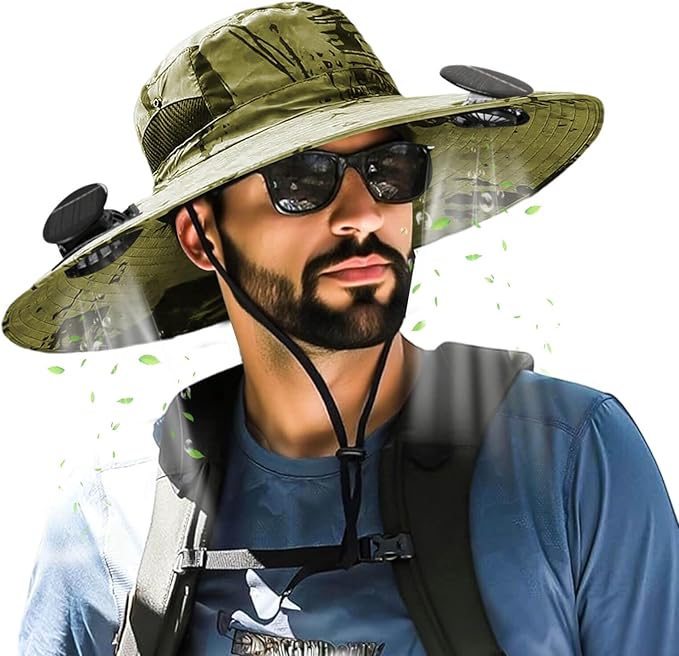Outdoor Wide Brim Sun Hat with 2 Solar Fan for Men Women UPF50+ Outdoor Hiking Sun Protection Bucket Fishing&Cycling Hat