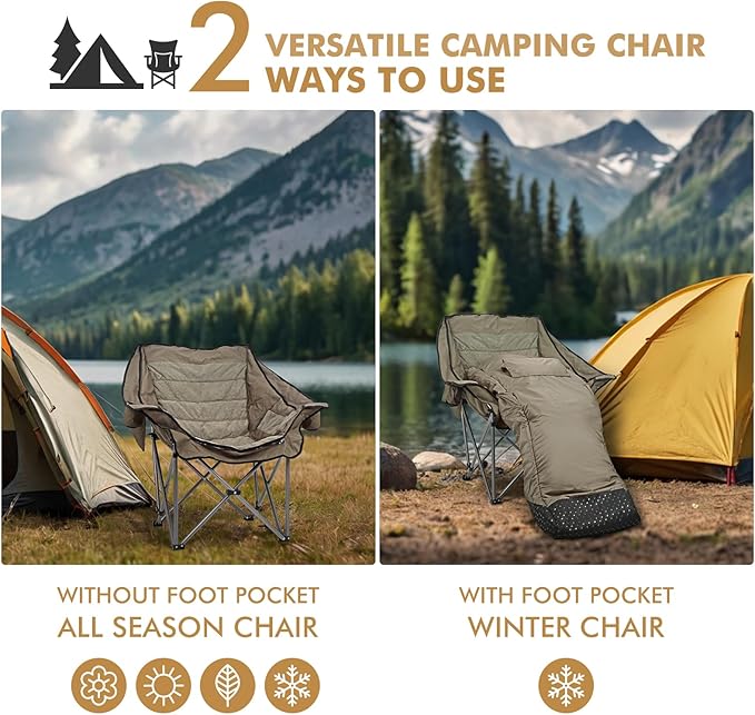 Oversized Fully Padded Camping Chair with Removable Foot Pocket, Heavy Duty Comfy Folding Camp Sports Chair for Adults, Summer, Winter, Outdoor, Ice Fishing, Hunting, RV, Cup Holder, XL, 400 LBS