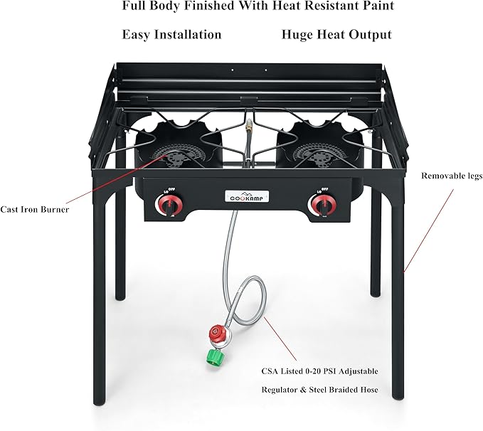 High Pressure Double Propane Burner With Windscreen Outdoor Camping Stove with 0-20 PSI Adjustable Regulator and Steel Braided Hose SA2510 (Two Burner Stove With Windscreen)