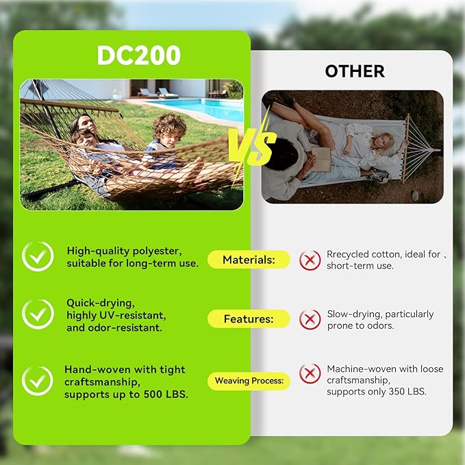 Double Hammock for 2 Person, Handwoven Rope Hammock with Spreader Bar - Indoor & Outdoor Use for Patio, Poolside, Backyard (Brown)