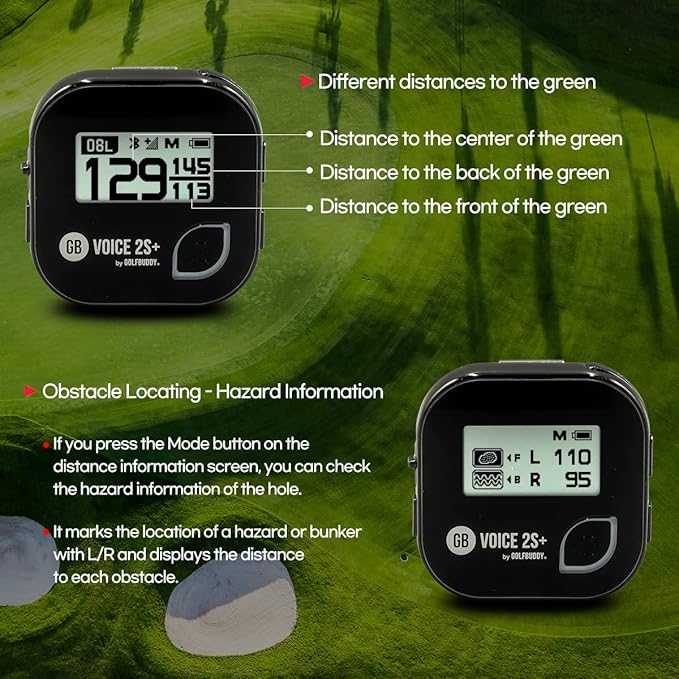 GolfBuddy Voice 2S+ Talking GPS Rangefinder Bundle with Official GolfBuddy Wristband Black – Audio Distance to Front/Center/Back, 18-Hour Battery, Preloaded Courses, Wearable Golf GPS Watch Conversion