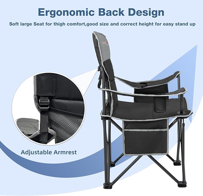 Oversized Folding Camping Chair, Heavy Duty Support 500LBS Outdoor Chair with Cup Holder Storage and Cooler Pouch, Collapsible Padded Arm Chair for Sports Garden Beach Fishing, Black