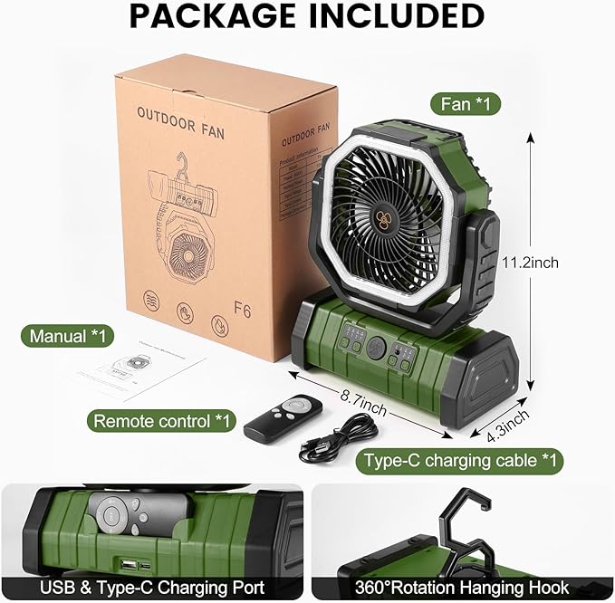 Odoland 30000mAh Camping Fan with LED Lantern, Rechargeable Battery Operated Oscillating with Remote Hook, Portable Tent Fan with Timer, 4 Speeds for Outdoor RV Jobsite Power Outage, Green