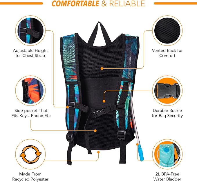 Vibe Festival Gear Hydration Pack Backpack with 2L Water Bladder for Women, Men, Teens, Kids - Hydropack Hydro Sports, Outdoor, Running, Camping, Hiking, Festivals, Raves