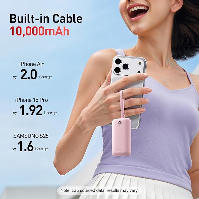 iWALK Mini Portable Charger 10,000mAh, 22.5W USB-C Fast Charging Power Bank with Built-in Cable, Travel Essential Ultra-Small Battery Pack Compatible for iPhone 17/16/16 Pro/15, Samsung, Google, Pink