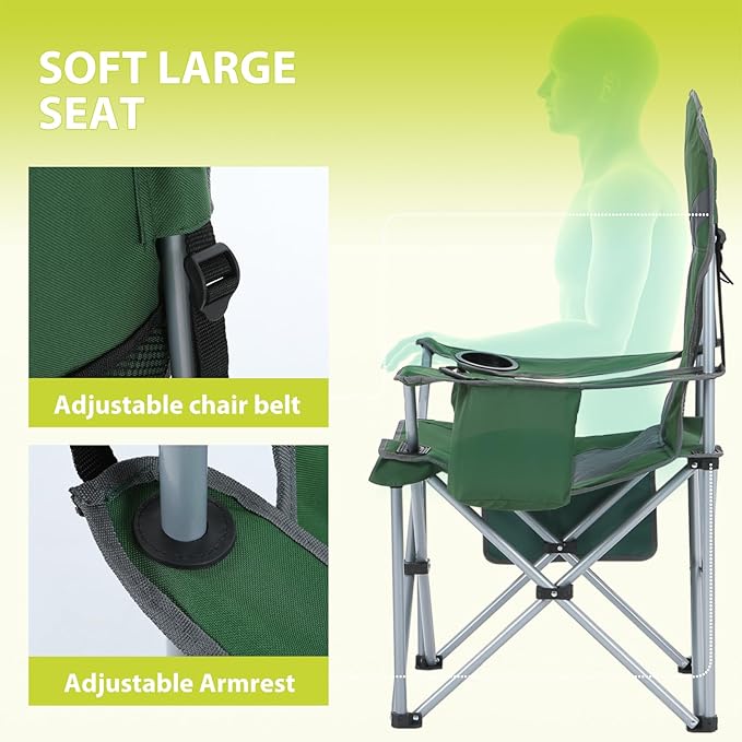 Nice C Camping Chair, Portable Chair, Lawn Chairs, Outdoor Chairs, with Armrest, Cooler Bag, Cup Holder, Side Pocket, for Camping, Traveling, Picnic (Green&Grey 2-Pack)