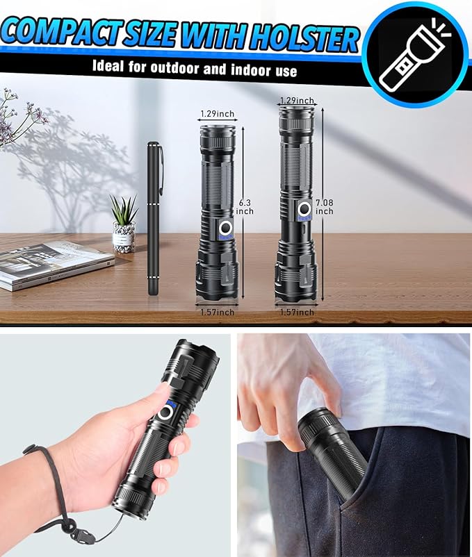 Flashlights High Lumens Rechargeable USB C Flash Light, Super Bright LED Flashlight with Case Box, Long Beam 3280Ft, Waterproof Tactical Flashlight Powerful for Emergency, Camping