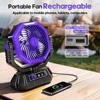 AJVV Camping Fan Rechargeable, Battery Powered Fan With Remote Controller, LED Light, Dual Motors, Stepless Speed, 45°/90°/270° Swing,Timer, Portable fan For Travel/Tent/Beach/Fishing,Violet