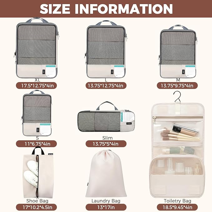 BAGAIL 4 Set/6 Set/8 Set Compression Packing Cubes Travel Accessories Expandable Packing Organizers (Half Mesh, 8-Beige)