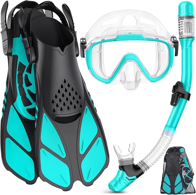 Snorkeling Gear for Adults Men Women,4 in 1 Snorkel Set with Panoramic View Diving Mask Anti-Fog Anti-Leak,Dry Top Snorkel,Fins and Travel Bag for Swimming,Snorkeling and Travel Diving