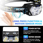 Lsnisni 9 LED Headlamp Rechargeable, 2000 Lumen Super Bright 10 Modes Motion Sensor Head Lamp with White Red Light, Ultralight and Waterproof Headlight Flashlight with USB C Cable for Camping Hiking