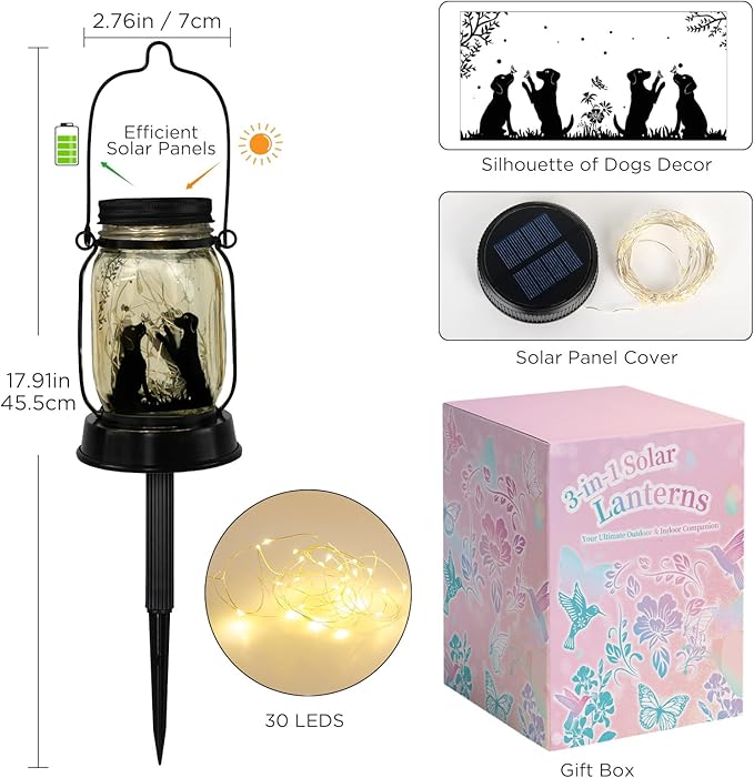 kyoryuger Dog Solar Lanterns 3in1 Dog Lights Garden Decor Gifts for Women Mom Grandma Unique Teen Girl Gifts for Dog Lovers Decorative Pet Memory Lanterns for Yard Lawn Patio Landscape