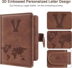 Passport Holder Wallet Cover Personalized Letter A-Z Travel Wallet RFID Blocking Passport Cover Wallet Case for Travel Passport Book Holders for Women and Men, Brown-V