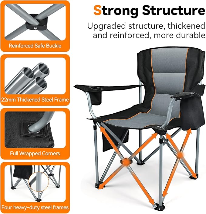 Camping Chairs for Adults Heavy Duty, Oversized Fully Padded Folding Chairs for Outside with Cup Holder, Cooler Bag and Side Pocket, Support 400 Lbs, Versatile for Sports,Outdoors & Lawns