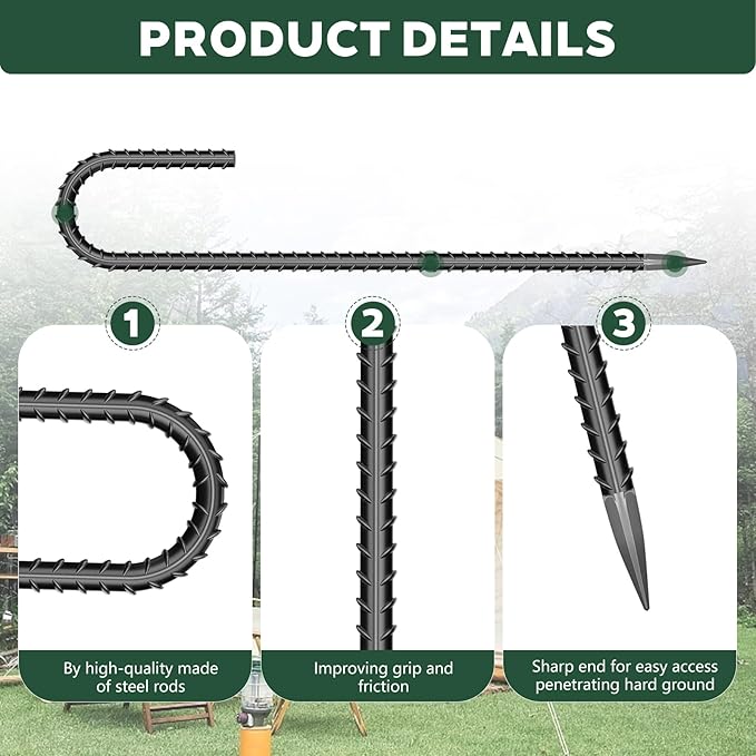 20 Pieces 12 Inch Long 5/16 Inch Diameter Rebar Tent Stakes Heavy Duty, Ground Anchors,Rebar Yard Fence Metal Lawn Bounce House Stakes Heavy Duty, Chain Link Fence J Hooks for Garden Wire Fencing