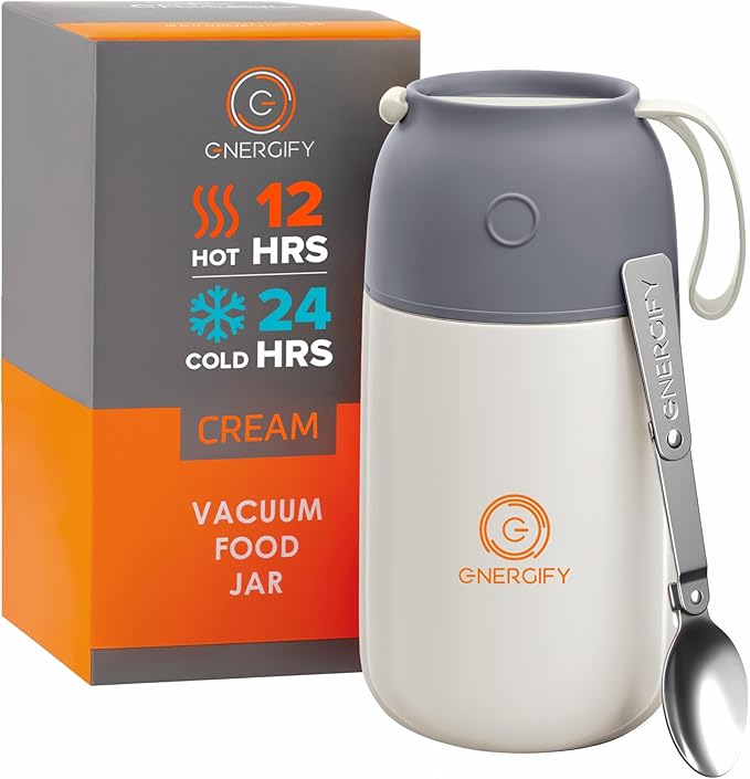 ENERGIFY Vacuum Insulated Food Jar. Large 24oz Bowl incl. Folding Spoon, Cup. Wide Mouth Keep Hot & Cold Drinks Soup Lunch Container for Adults. BPA-Free Stainless Steel, Leak Proof, Cream