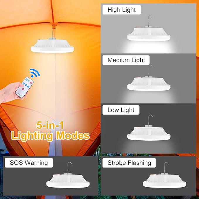 2-Pack Portable Rechargeable Camping Lights, Tent Lights LED Lantern Power Solar Battery Powered, 5 Lighting Modes, IP65 Waterproof Flashlight for Hiking/Emergency/Night