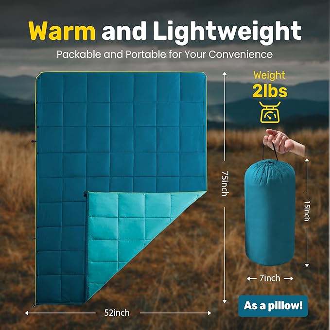 UNIKOME Outdoor Packable Camping Blanket, Lightweight Travel Blanket, Dual-Sides Waterproof Puffy Down Alternative Blanket with Snap Clasps, 75"×52", Lake Blue&Sky Blue