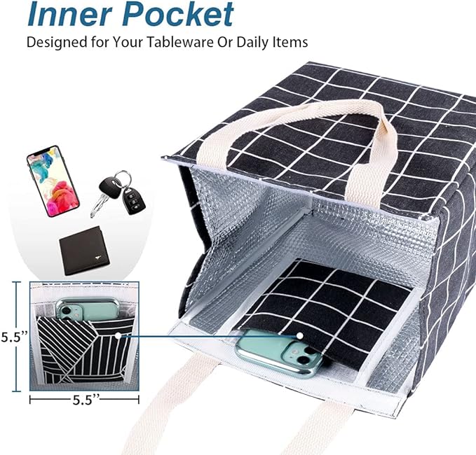 iknoe Insulated Lunch Bag for Women & Adults, 9L Foldable Wide-Open Cooler Bag with Pockets, Leakproof & Portable, for Picnic, Office, Beach(Black square)