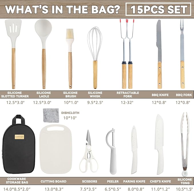 Camping Accessories Kitchen Cooking Utensils Set - Portable Outdoor Camp Cookware Set, Silicone Camper Essentials Gear Must Have Supplies for Travel RV BBQ Grill Picnic Hiking