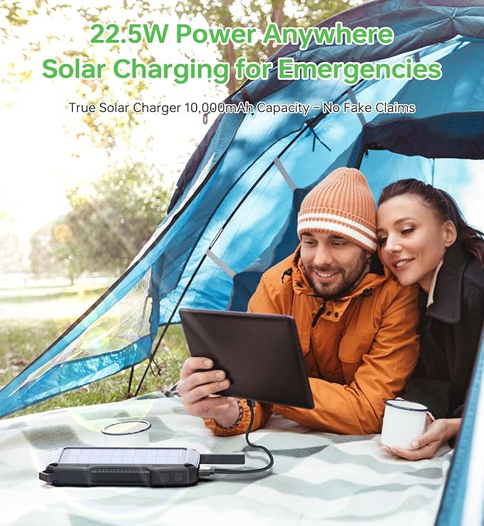 ABFOCE Solar Power Bank 10000mAh with 22.5W Fast Charging, Sensor Alarm, 15W Wireless Charger LED Flashlight, Battery Pack, Solar Panel Charger for iPhone 16 15 14 iPad Samsung Outdoor Camping Hiking