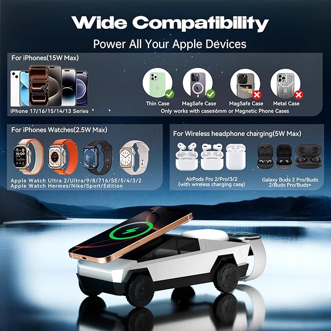 CyberDock 3-in-1 Wireless Charging Station for iPhone with Car Model 1:25 Scale, Qi2 Certified Mag-Safe Charger for iPhone iWatch AirPods, Rotating Charger with Ambient Light, 30W Adapter, Sliver