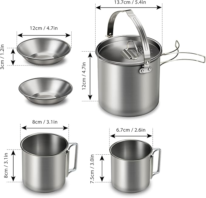 Lixada 5PCS Camping Cookware Set Stainless Steel 1.2L Camping Pot with 2 Cups & 2 Bowls, Lightweight Portable Backpacking Pot with Foldable Handles & Lid for Outdoor Cooking Hiking Picnic