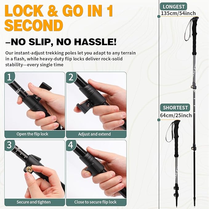 Trekking Poles - 2PC Hiking Poles for Backpacking, Ultralight Telescopic Walking Sticks, Aircraft-Grade 7075 Aluminum with EVA Foam Grips, Lightweight Hiking Sticks for Seniors Women Men