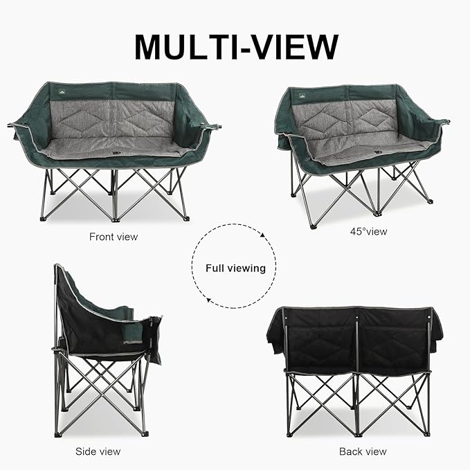 Northroad Folding Loveseat Camping Chair Portable Double Duo Full Padded Garden Chair for 2 Person Sofa w/ 2 Cup Holder,Wine Glass Holder,Mesh Storage,Support 600lbs for Picnic Beach Travel