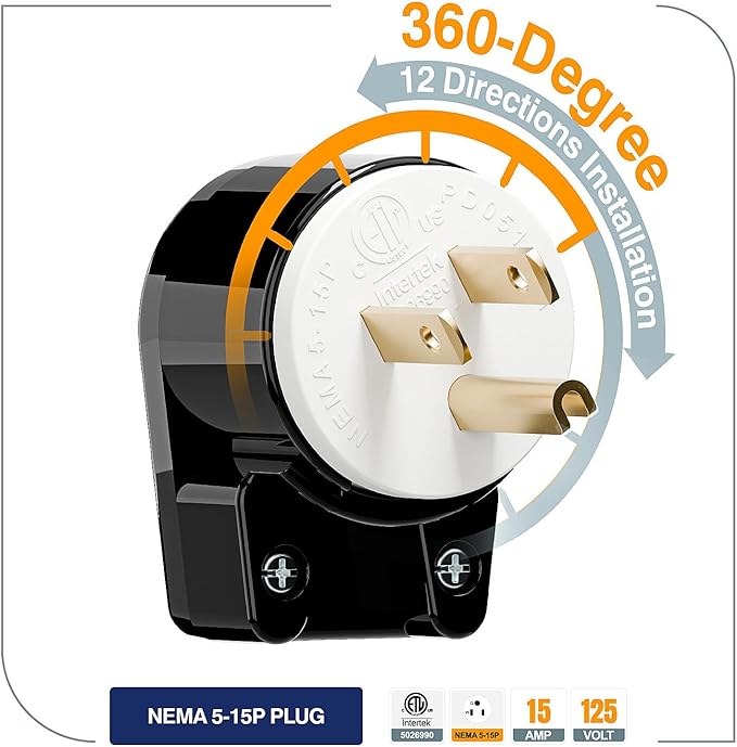 ETL Listed 90 Degree USA Canada Male Plug Nema 5-15P 3 Pole Angle DIY, 15A 125V USA 3Pin Right Angle AC Plug, Nema 5-15P Angled Rewireable