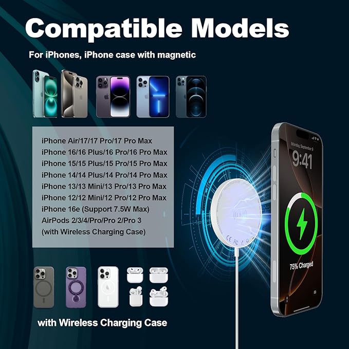 [Apple MFi Certified] Magnetic Wireless Charger Apple MagSafe Charger 6FT Fast Wireless Charging Pad 15W Magnetic Charger for iPhone 17 16 15 14 13 12 11 Pro Max Plus/AirPods 2 3 4 Pro 2 3 [2 Pack]