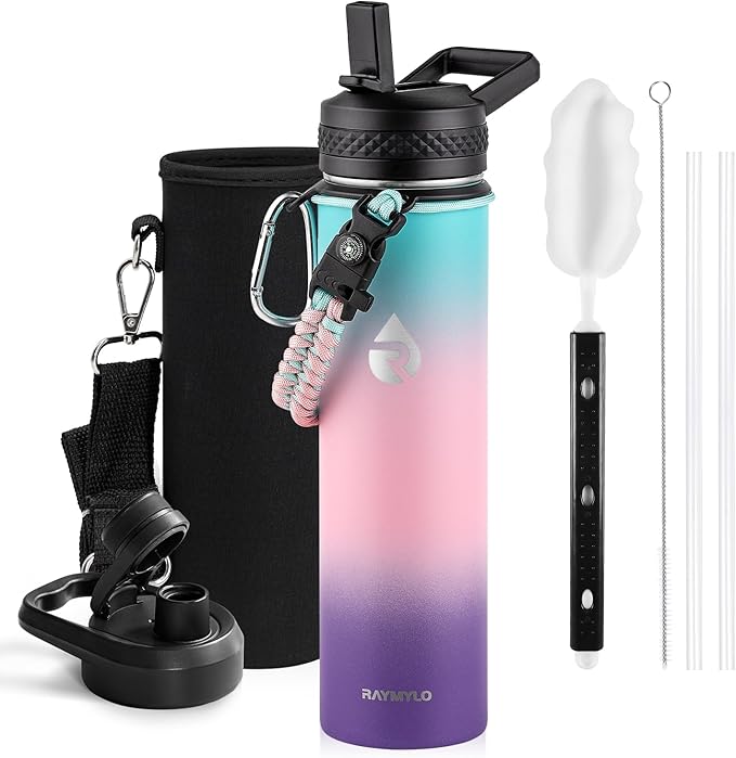 Insulated Water Bottle 24oz, Triple Wall Vacuum Stainless Steel (Cold for 48 Hrs, Hot for 24Hrs), Leak Proof & Non-BPA, 24oz Hydro Water Flask with Paracord Handle & Straw Spout Lids
