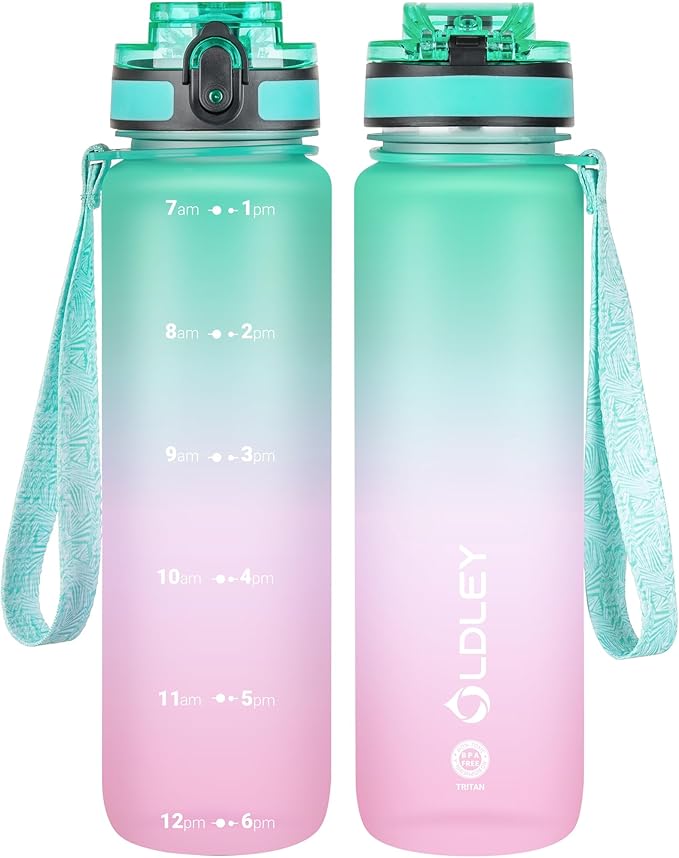 OLDLEY 32 oz Water Bottle, Motivational Water Bottle with Time Marker, Sports Water Bottle With Strap, Leakproof & BPA Free Large Water Bottles for School, Gym, Travel, Outdoor, Tritan,Green&Pink